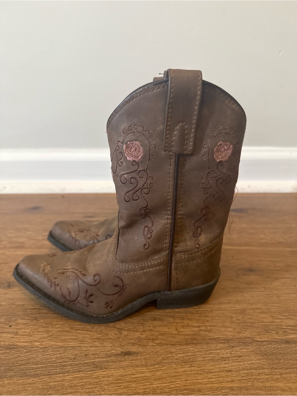 Toddler Girls Brown Leather Western Boots with Pink Rose Embroidery